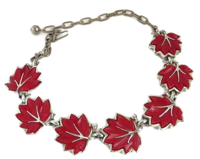 Red Leaf Necklace | Vintage Thermoset Necklace | Mid Century Silver Tone Link Choker