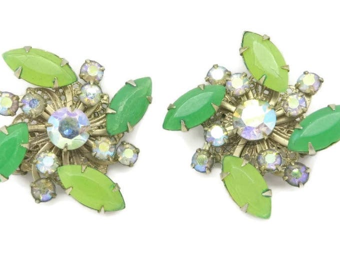 Green Rhinestone Flower Earrings, Vintage Juliana Style, Gold Tone Clip-on Earrings, Bridal Jewelry