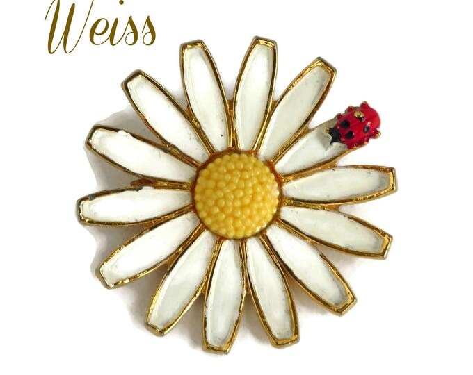 Weiss Daisy Brooch, Vintage White and Yellow Pin, Ladybug Pin, Signed Designer Jewelry, Gift idea, Gift Box
