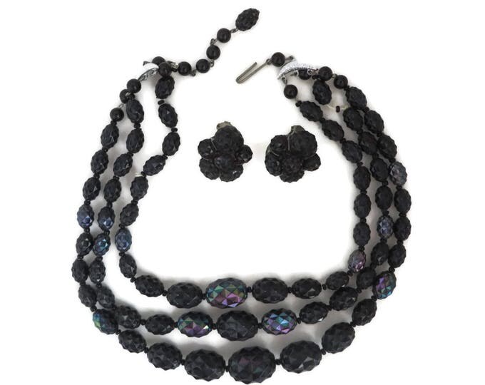 Black Bead Jewelry Set, Necklace & Earrings, West Germany Demi Parure, Multi Strand Necklace, Clip-on Earrings, Gift for Her