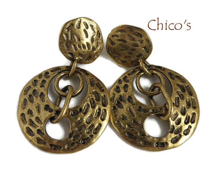 Vintage Chicos Dangling Disc Earrings - Gold Tone Cavewoman Clip-ons, Gift for Her