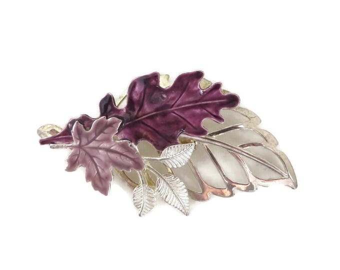 Signed KC Leaf Brooch - Vintage Purple Silver Tone Large Leaf Pin