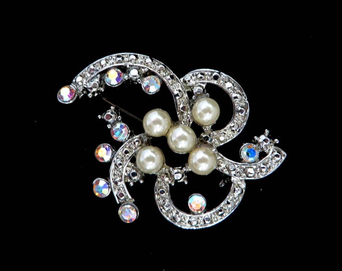 Vintage AB Rhinestone Faux Pearl Brooch | Mid Century Silver Tone Flower Pin | Bridal Jewelry