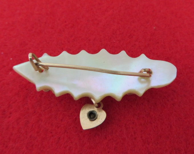 Mother of Pearl Name Brooch, Vintage Carved Shell Brooch, Gold Wire Script "Arlene", Dangling Heart Red Bead Brooch