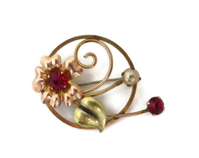 Circle Pin, Vintage Gold Filled Designer Brooch, BAL-RON 1/20 12K GF Circle Pin, Red Rhinestone Flower Brooch, Gift for Her Circle Pin, Vintage Gold Filled Designer Brooch, BAL-RON 1/20 12K GF Circle Pin, Red Rhinestone Flower Brooch, Gift for Her