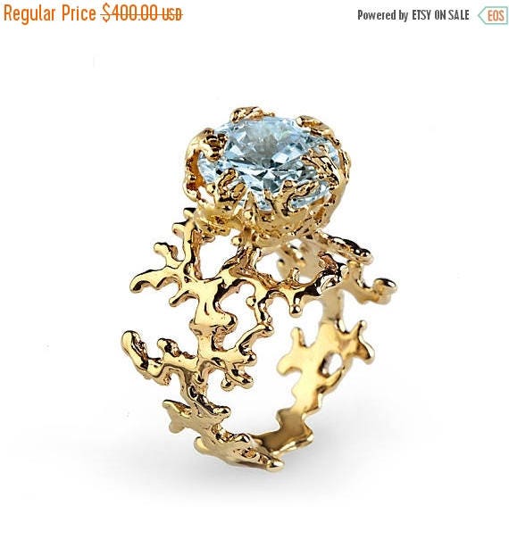 SALE 20% Off CORAL Blue Topaz Engagement Ring Statement