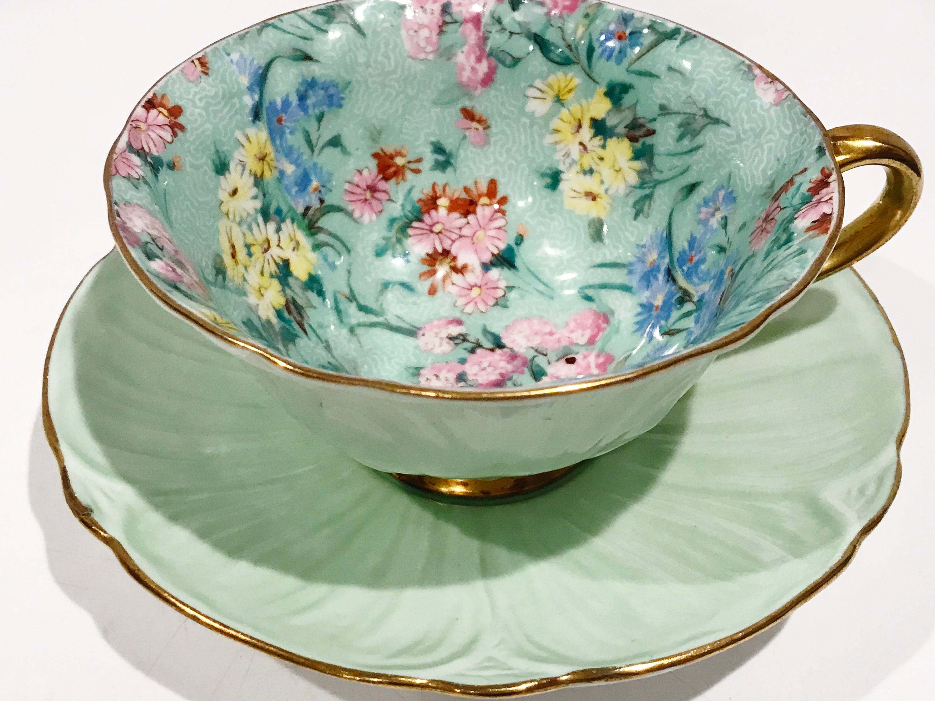 Shelley Chintz Tea Cup and Saucer, Green Oleander Tea Cup, Shelley Cups