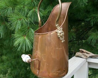 Copper Coal Scuttle with Delft Blue Porcelain Handles & Lion Head Accents