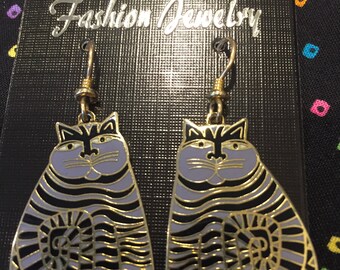 Laurel Burch Earrings "Shambala Cat" Enamel Earrings Lavender with gold tone 1986 Signed Ready for Adoption