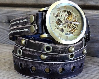 Leather watch for men's, Steampunk Watch, Black Distressed Leather Watch, Men's Wrap watch, Gift, Mechanical Watch