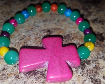 Multicolor beaded pink cross bracelet