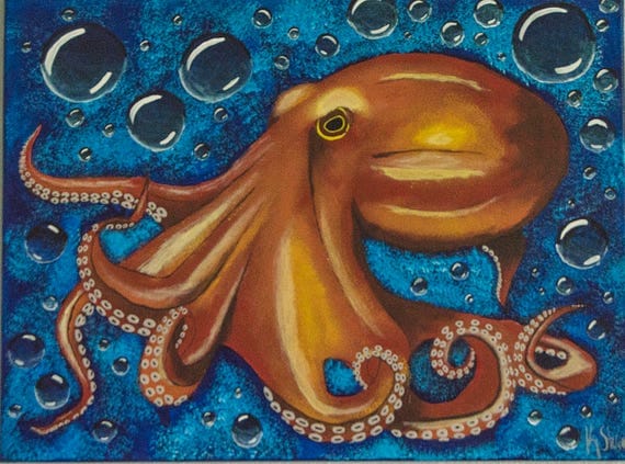 Orange Octopus Acrylic Painting with Bubbles 24 by 18 inches