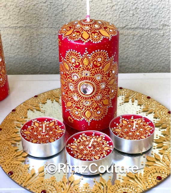 Red and Gold Candle Set Home Decor. Henna Inspired Home decor.