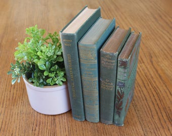 Vintage Green Book Set / Decorative Green Books / Vintage Books / Vintage Book Library / Antique Book Decor / Green Books