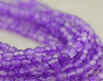 Summer Sale COATED SUGAR PLUM Faceted Round, 4mm Fire Polished Czech Glass Beads Qty 50, Transparent Amethyst Purple Firepolished Czech Bead