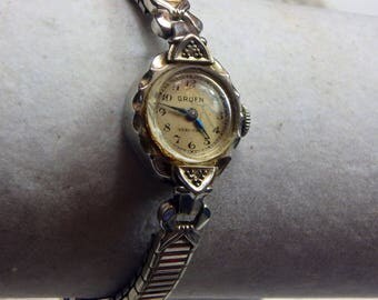 vintage mid century Gruen womans watch, 14k white gold finish