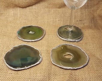 Green agate coasters. Set of 4. Silver Agate drinks coasters. House warming gift. Reiki stone. Home decor. Hand painted Agate geode coasters