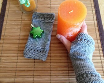 Short semi-ajourees Pearl Grey knit fingerless gloves