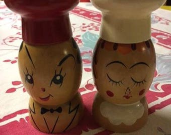 Vintage Salty and Peppy Salt and Pepper Shakers Wooden Woodpecker Woodware