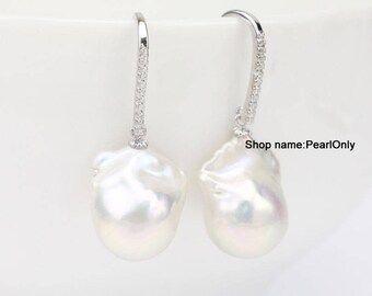 Large baroque pearl earrings,big jumbo flameball pearl earrings,crystal and sterling silver white pearl earrings,huge fireball pearl earings