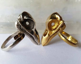 Raven Skull Ring - Bird Skull Ring - Golden Brass or Silver Filled - Adjustable Size - Feather Tribe