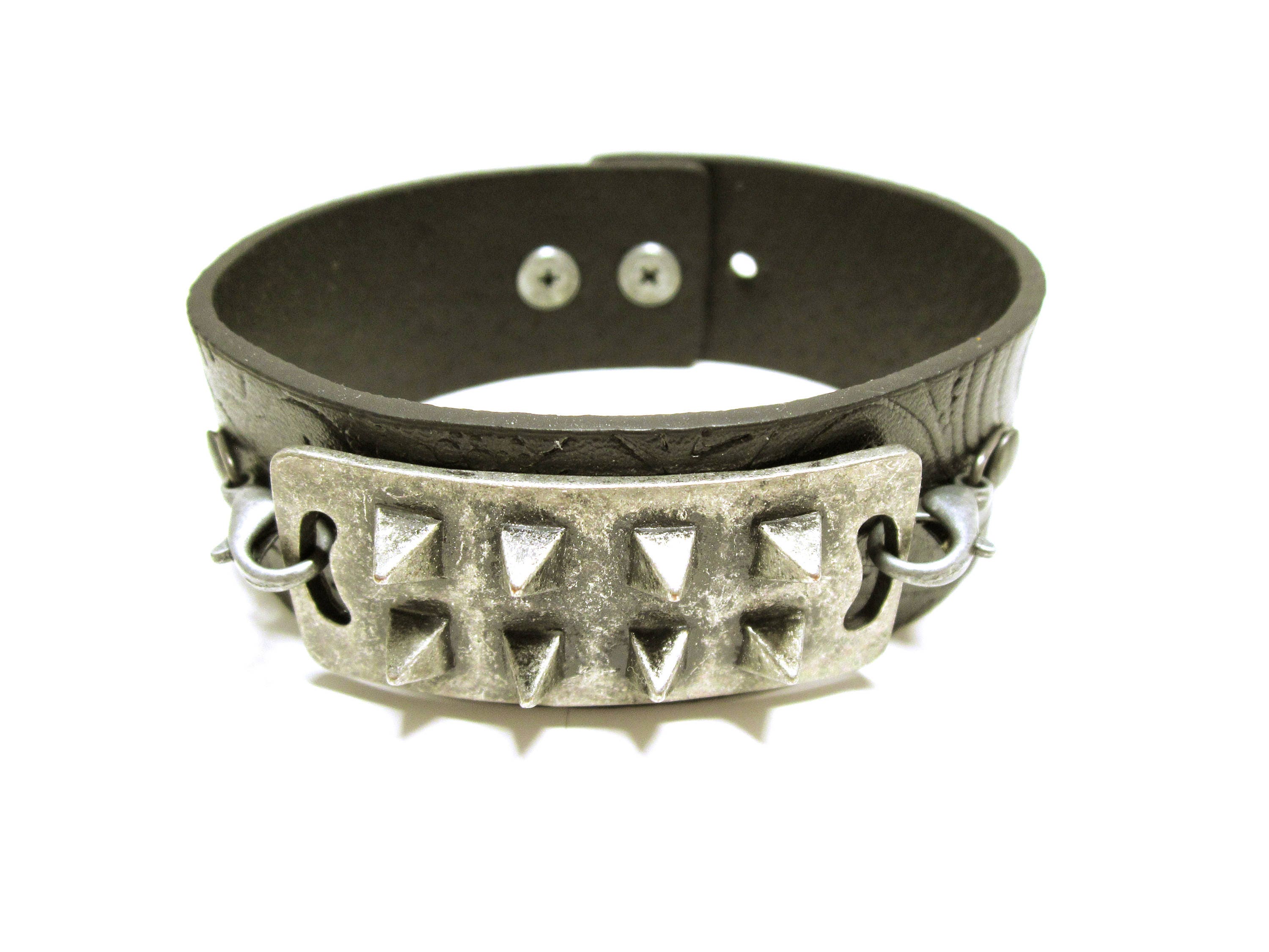 Black Leather Spike Cuff Black Faux Leather Bracelet With