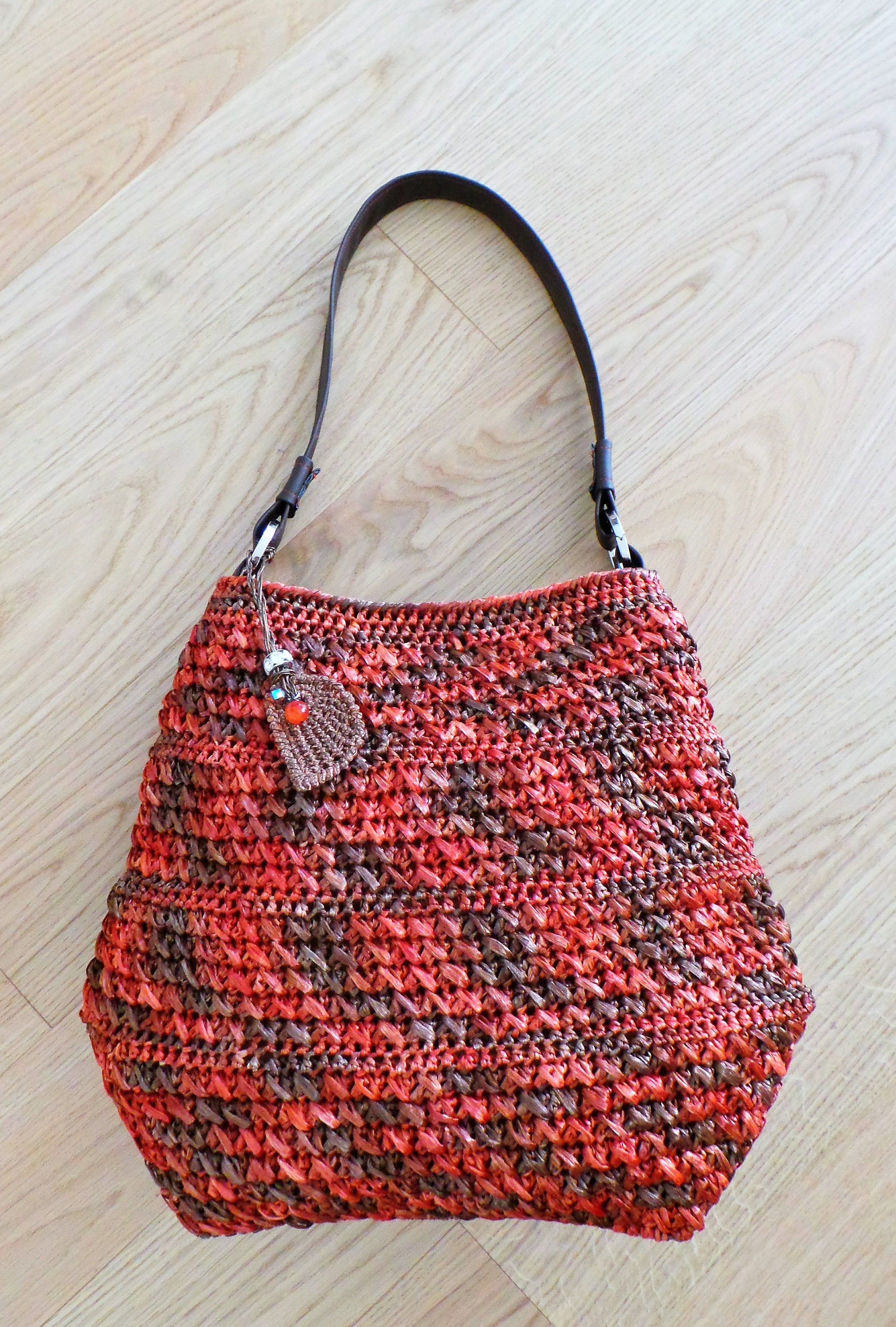 Crochet raffia bag russet melange large summer crochet purse