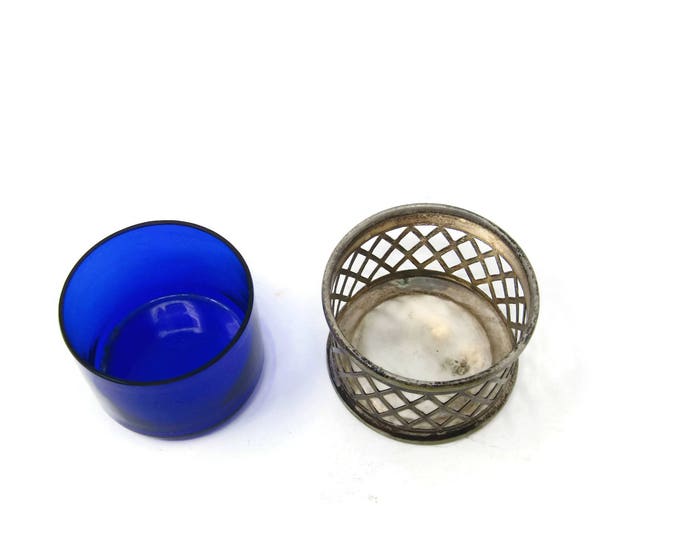 Vintage Silver Plate & Cobalt Glass Open Salt Cellar - Made in England - Silverplate Open Salts and Cobalt Blue Liners - Vintage Serving