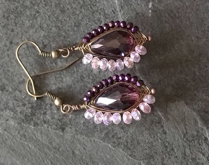 Gold rose purple teardrop earrings, gold purple earrings, delicate purple drop earrings
