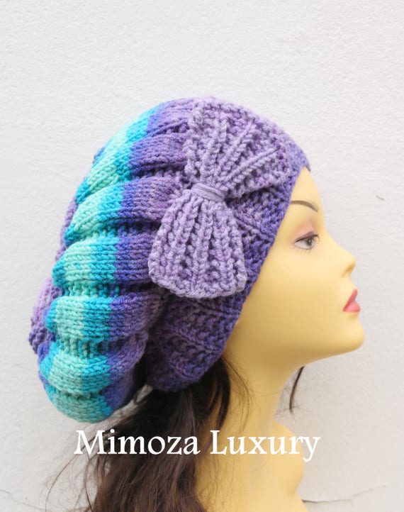 Purple/Turquoise Woman Hand Knitted Hat with Bow, Beret hat with bow, Purple knit hat, purple slouchy knit women's hat with bow, winter hat