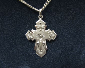 Nice 4 Way Catholic Medal in Sterling Silver Pendant Necklace