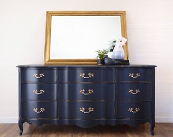 Navy Blue French Provincial 9 Drawer Dresser, Polished Brass Hardware, Shabby Chic Decor, French Country, Painted Furniture, Entry Way Table