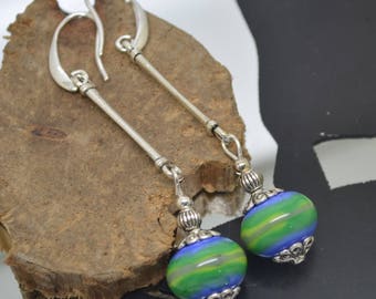 Earrings 925 Silver hooks blue green Lampwork Glass Beads