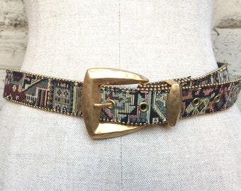 Vintage Women 1-inch Multicolor Tapestry Belt with Gold-Tone Buckle, Size Medium
