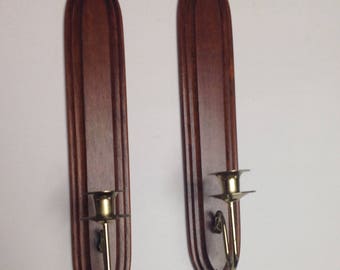 Pair Danish modern wood sconces, vintage Scandinavian sconces, long wood sconces, Danish Modern candleholders, Midcentury wood wall sconces