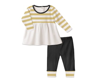 Baby Thanksgiving Outfit, Baby Girl Thanksgiving Outfit, Long Sleeve Top, Leggings, Yellow Stripes, Black, Tesababe TL180IMIY0000