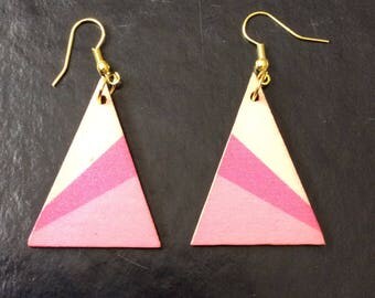 Earrings, triangles in wood, painted with geometric drawings