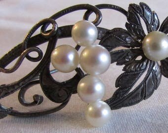 Vintage Sterling Silver Floral Pin with Pearls and Marcasite