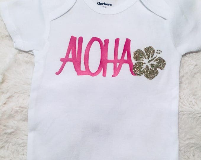 Aloha Pink & Gold Glitter Baby Onesies®, Baby Bodysuit, Hawaii Baby, Island Baby, Surfer Girl, Beach Baby, Hibiscus, Baby Romper, Baby Gift