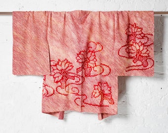 Vintage 100% Silk Japanese Kimono Jacket Haori with Two Color Shibori Floral Art