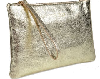 Gold Leather Clutch with Jade or Ruby Satin Lining