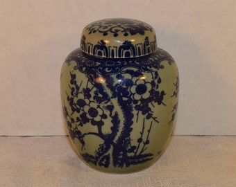 Blue & White Ginger Jar Vintage Blue Transferware Cherry Blossom Chinoiserie Tea Jar Asian Oriental Decor Blue and White Collectible