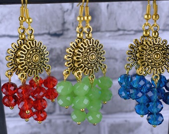 Gold earrings, Red earrings, Chandelier earrings, Dangle earrings, Blue earrings, Green earrings, Bohemian jewellery, Gypsy jewelry, UK