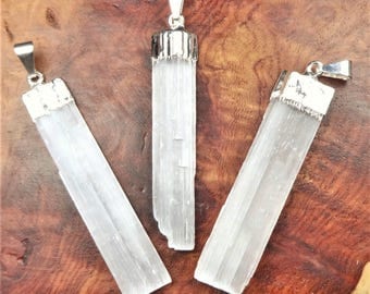 Selenite Necklace - White Crystal Point Pendant - Silver Plated Natural Gemstone Earrings (W21) Healing Crystals and Stones Jewelry