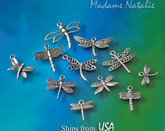 Dragonfly Charm Collection (11), Antique Silver Tone Dragonfly Charms, Dragonfly Bracelet Charms, Insect Charms, Collection of Charms