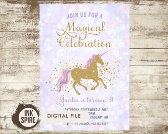 Unicorn Birthday Invitation, Unicorn Invitation, Magical Invitation, Pink Gold Glitter, Unicorn Party, Watercolor Unicorn, DIGITAL FILE
