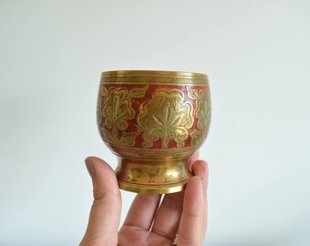 Etched Brass Succulent Planter - Vintage Brass Planter-Brass Herb Planter-Etched Red Enamel Brass Planter - Vintage Brass Decor -India Brass