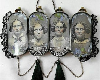 Five Sisters- art tin-wall art-wall hanging-decoration-assemblage-vintage-sisters-photography-victorian-portrait