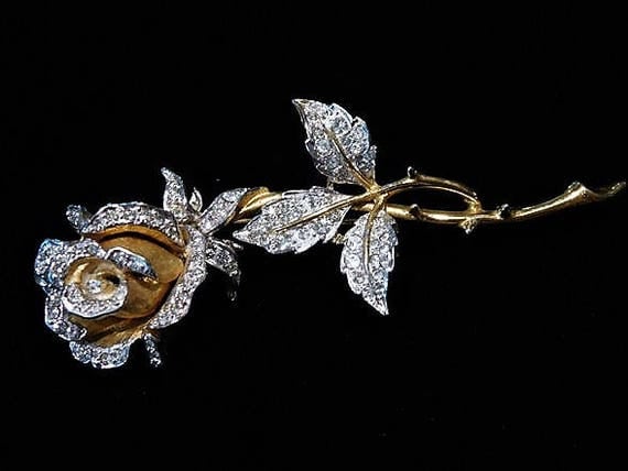 Marcel BOUCHER Rose Brooch 1960s Mid Century Designer Fashion Wedding Jewelry Pave Swarovski Rhinestone Crystals Gold Plated Rosebud Brooch