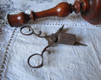 French antique candle holder + wrough iron candle snuffer c18th fruit wood candlestick holder church candlestick primitiv gothique farmhouse